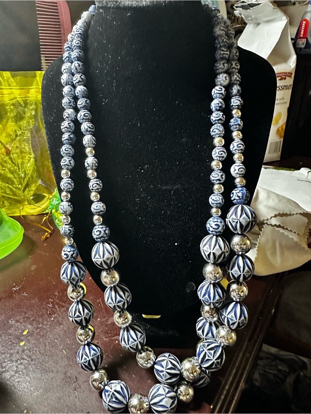 Vintage Blue and White Beaded Statement Necklace - Unbranded